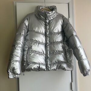 Puffer Jacket Silver Metallic XL Mock Neck Crissrexo